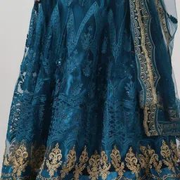 Warthy Ent Turquoise Blue & Gold-Toned Embroidered Thread Work Semi-Stitched Lehenga & Unstitched Blouse image 2