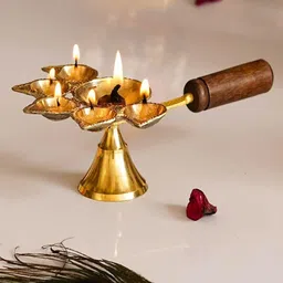 chintels Golden Brass Panchdeep Diya for 5 Cotton Wicks with Wooden Holder Golden Brass Brass Table Diya image 4