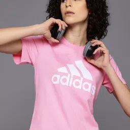 adidas Women Printed Crew Neck Pure Cotton Pink T-Shirt image 1