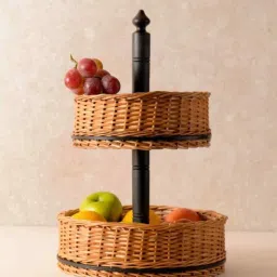 peepul tree Rustic Charm Wicker & Wood Fruit Basket With 2 Tiers in Nat-Brown and Black | Handcrafted from Willow Wicker and Wood image 1