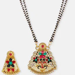 ATIBELLE Gold-Plated Pink Stone-Studded & Beaded Mangalsutra With Earrings image 2