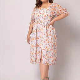 FabAlley Curve Plus Size Floral Print Puff Sleeve Georgette Fit & Flare Midi Dress image 5