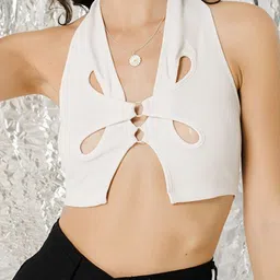 TANDUL Solid Halter Neck Sleeveless Fitted Crop Top image 3