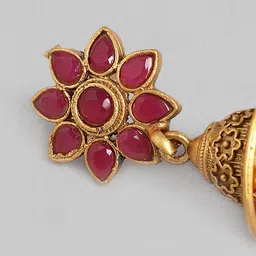 Kord Store Maroon Gold-Plated Stone-Studded Floral Jewellery Set image 3