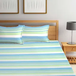 SHADES of LIFE Blue & Green Striped 250 TC King Bedsheet with 2 Pillow Covers image 4