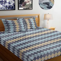 FABINALIV Blue & Beige Geometric 300 TC Fitted King Bedsheet With 2 Pillow Covers image 2