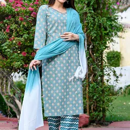 Peachmode Floral Printed Regular Pure Cotton Kurta with Trousers & Dupatta image 5