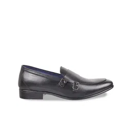 Metro Men Black Solid Leather Formal Monk Shoes image 3