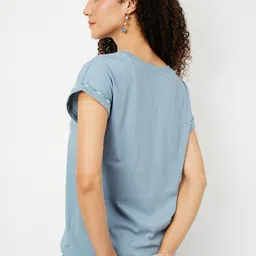 max Women Solid Round Neck Pure Cotton Blue T-Shirt image 2