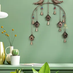 DULI Gold-Toned BirdHouse Design Metal Wall Hanging Windchime with Hanging Bells image 3