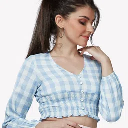 VASTRADO Blue & White Checked Blouson Crop Top image 3
