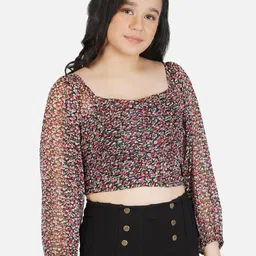 Antheaa Girls Black & Red Floral Print Chiffon Fitted Crop Top image 3