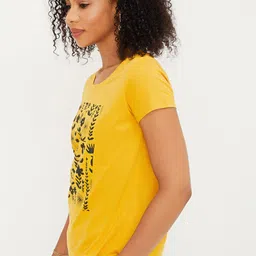 max Women Yellow Floral Printed Round Neck Cotton T-shirt image 3