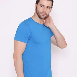BODYACTIVE Men Blue Solid Cotton T-shirt image 5