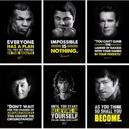 swasum Motivational Wall Posters and Inspirational Quotes for Office, Home and gym, (Bruce Lee, Mike Tyson, Jackie Chan, Arnold Schwarzenegger, Rocky, Mohammad Ali, Sylvester Stallone) Pack of 06 Paper Print Click to open expanded view Motivational Wall Posters and Inspirational Quotes for Office, Home and gym, (Bruce Lee, Mike Tyson, Jackie Chan, Arnold Schwarzenegger, Rocky, Mohammad Ali, Sylvester Stallone) Pack of 06 Paper Print Paper Print-picture-24