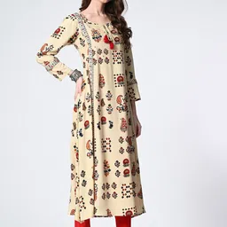 Rue Collection Ethnic Motifs Printed Mirror Work Tie-Up Neck Cotton Straight Kurta image 3