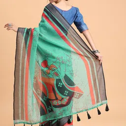 Sangria Sea Green & Red Tie and Dye Pure Linen Saree image 3