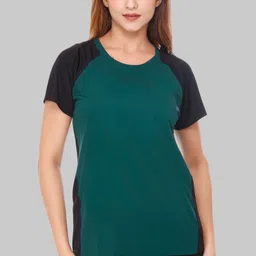 white moon Women Colorblock Round Neck Polyester Dark Green T-Shirt-picture-12