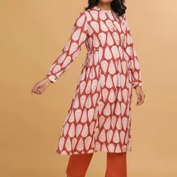 folk song W The Folksong Collection Women Red & White Ethnic Motifs Printed Kurta image 3