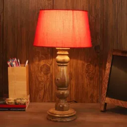 Red Fabric Shade Table Lamp with Brown Base by Foziq-picture-13
