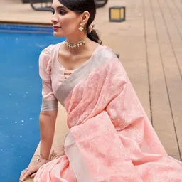 Mitera Peach-Coloured & Silver-Toned Floral Embroidered Pure Linen Banarasi Saree image 5