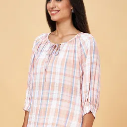 Honey by Pantaloons Checked Tie-Up Neck Cotton Blouson Top image 2
