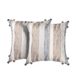 SHADES of LIFE Beige & Brown Set of 2 Geometric Embroidered Cotton Square Cushion Covers image 4