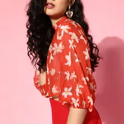 SASSAFRAS Gorgeous Red Floral Cropped Top image 3