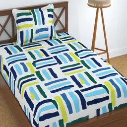 Aura Blue & White Printed 180 TC 2 Single Bedsheet with 2 Pillow Covers image 3