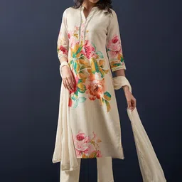 Indo Era Floral Printed Beads and Stones Linen Straight Kurta with Trousers & Dupatta image 3