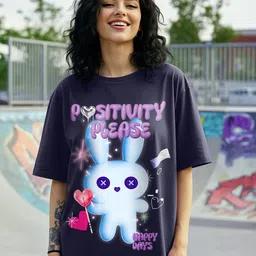 bewakoof Oversized Women Graphic Print Round Neck Pure Cotton Blue T-Shirt-picture-13