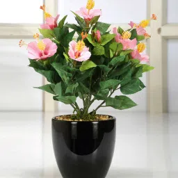 fourwalls Polyester Pink Hibiscus Flower With Glossy Ceramic Vase Artificial Plants image 1