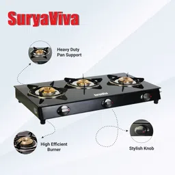 suryaviva 3 Burner Nano plus black Lpg gas stove isi mark 1 year warranty Glass Manual Gas Stove image 4