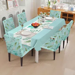 cortina Sky Blue Solids 7 Pcs PVC & Spandex Table Cover With 6 Chair Cover image 2