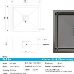 fossa 18"x16"x09" Inch Single Bowl SS-304 Grade Handmade Kitchen Sink Matte Finish FHS-01BLACK Vessel Sink image 2