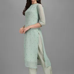 KALINI Floral Embroidered Sequinned Straight Kurta With Trousers image 3