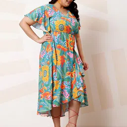 Athena Ample Plus Size Floral Print Ruffled Crepe A-Line Midi Casual Dress image 3