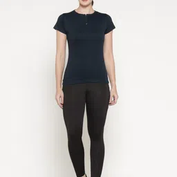 ap'pulse Women Solid Round Neck Pure Cotton Navy Blue T-Shirt image 3