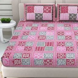 patricko Pink Traditional 144 TC Cotton Double Queen Bedsheet With 2 Pillow Covers image 3