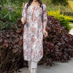 all about you Off White & Peach Mirror Work Floral Printed Cotton Straight Kurta image 2