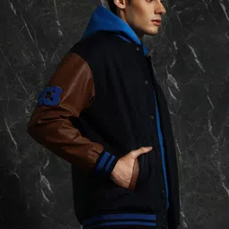 Breakbounce Navy Blue Mock Collar Longline Bomber Jacket with Embroidered image 3