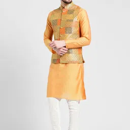 KISAH Men Orange Solid Kurta with Churidar & Nehru Jacket image 5