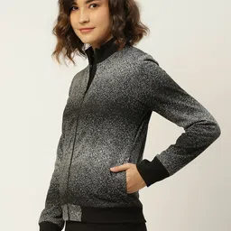 Madame Women Black & White Self Design Front Open Sweatshirt image 5