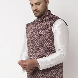 Benstoke Men Brown & White Ethnic Motifs Printed Woven Nehru Jacket image 3