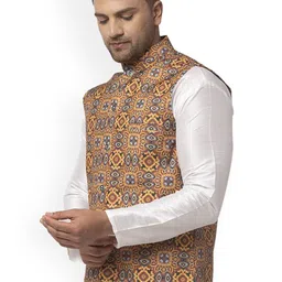 Benstoke Men Mustard-Yellow & Grey Printed Woven Nehru Jacket image 4