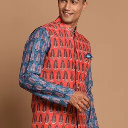 VASTRAMAY Men Orange Colored Printed Slim-Fit Nehru Jackets image 2