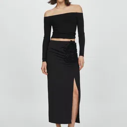 MANGO Flower-Detail Ruched Side Slit Midi Skirt image 4
