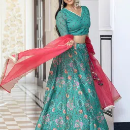 Janasya Women Digital Floral Print Crepe Silk Ready To Wear Lehenga Choli with Dupatta image 4