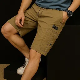 metronaut Solid Men Beige Cargo Shorts image 3