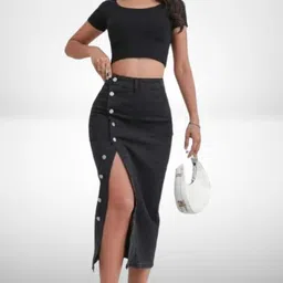 Women Washed Straight Black Skirt-image-40